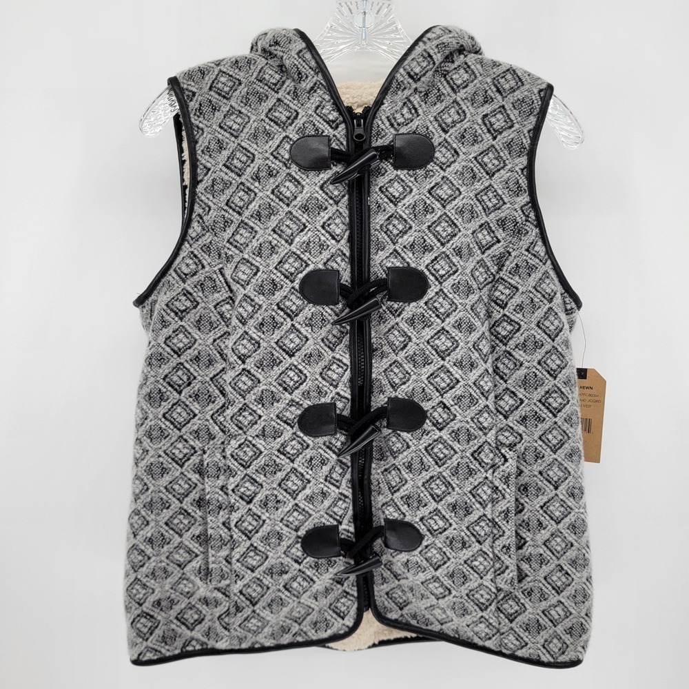 NEW Ruff Hewn Womens Grey Jacquard Hooded Vest Faux Sherpa Lined Toggle Zip S